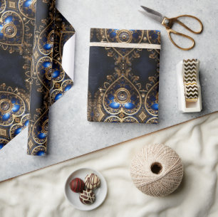 Papel De Regalo patrón grande de corazones steampunk azules y dora