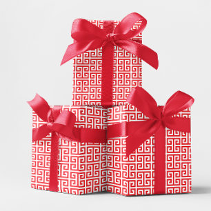 Papel De Regalo Patrón griego brillante rojo y blanco