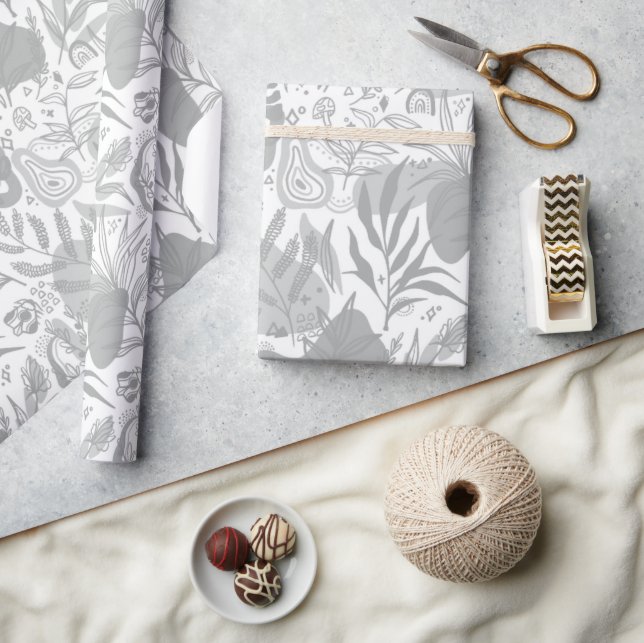 Papel De Regalo Patrón Gris Botánico sin Marea (Artesanía)