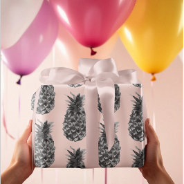 Papel De Regalo Patrón Gris Tropical y Piña Rosa Sin Marea