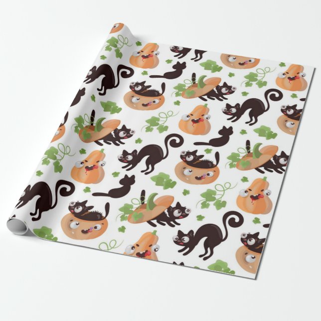 Papel De Regalo Patrón Halloween De Gato Negro Y Calabaza (Desenrollado)