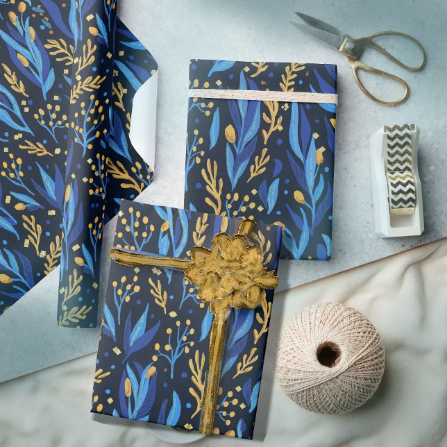 Papel De Regalo Patrón Hanukkah amarillo azul floral (Blue Yellow floral Hanukkah Pattern Wrapping Paper)