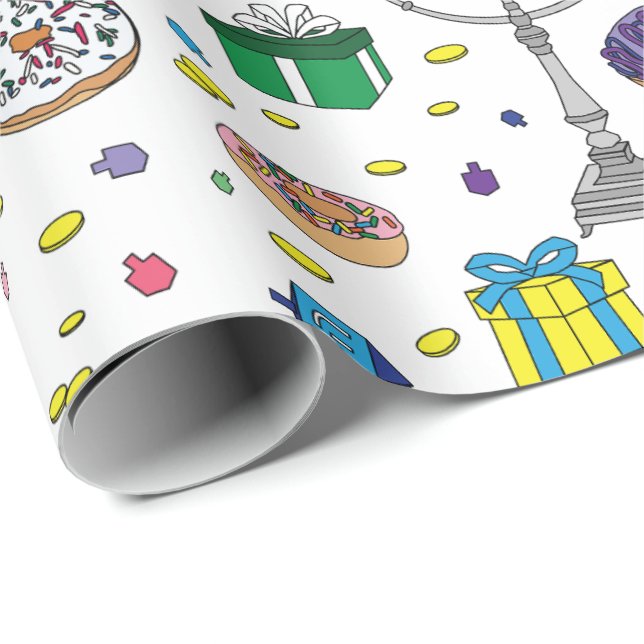 Papel De Regalo Patrón Hanukkah blanco (Esquina del rollo)