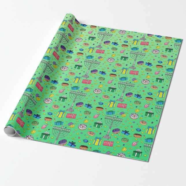 Papel De Regalo Patrón Hanukkah verde (Desenrollado)