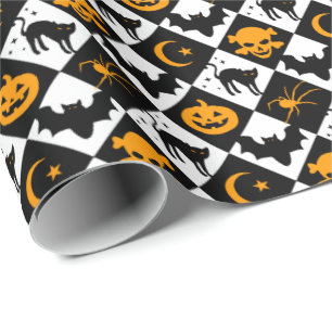 Papel De Regalo Patrón Harlequin del Naranja blanco negro de Hallo