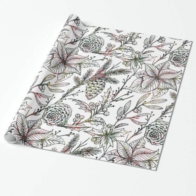 Papel De Regalo Patrón Holly de Navidades blancos y negros (Desenrollado)
