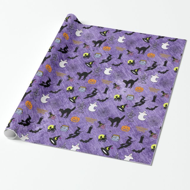 Papel De Regalo Patrón icónico aleatorio de Halloween morado (Desenrollado)