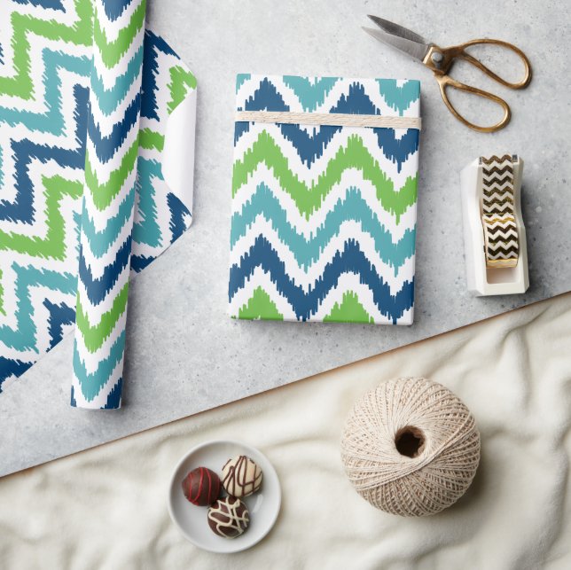 Papel De Regalo Patrón Ikat de zigzags verdes azules (Artesanía)