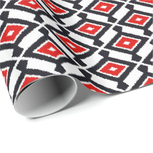 Papel De Regalo Patrón Ikat - rojo oscuro, negro y blanco