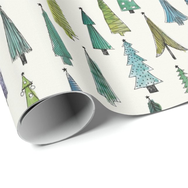 Papel De Regalo Patrón ilustrado de árboles navideños modernos (Esquina del rollo)