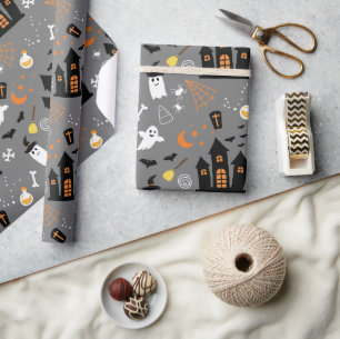 Papel De Regalo Patrón ilustrado de Halloween con gris y negro