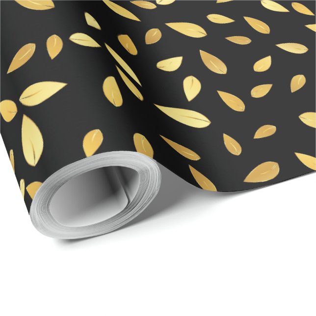 Papel De Regalo Patrón ilustrado de hojas modernas de oro y negro (Esquina del rollo)