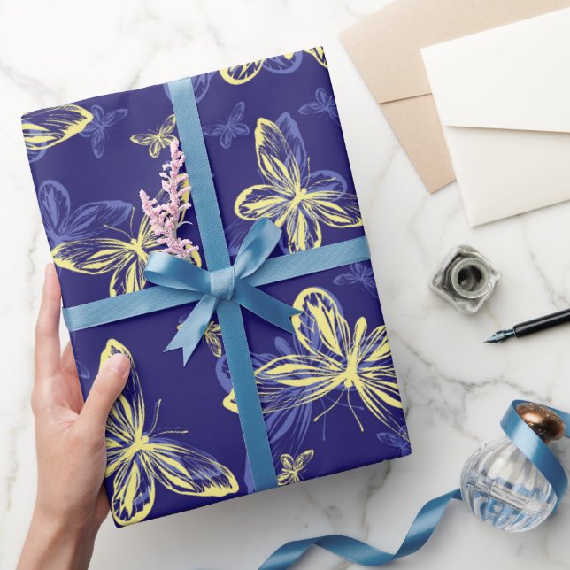 Papel De Regalo Patrón ilustrado de mariposa azul y amarilla (Regalar)