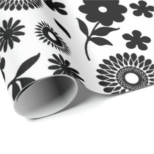 Papel De Regalo Patrón Inalámbrico De Flores Negra Y Blanca