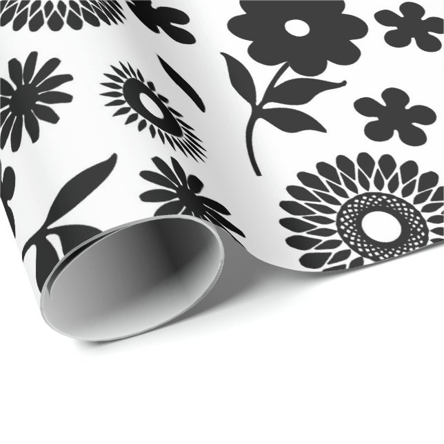 Papel De Regalo Patrón Inalámbrico De Flores Negra Y Blanca (Esquina del rollo)