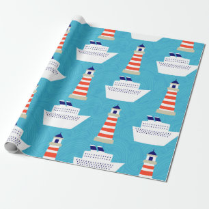 Papel De Regalo Patrón incomparable con olas, faros y crudos