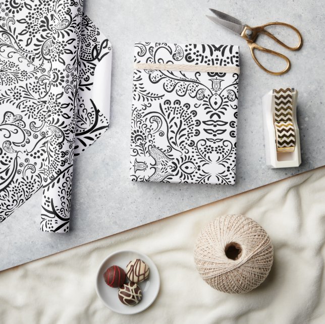Papel De Regalo Patrón indio Mehndi Paisley negro y blanco (Artesanía)