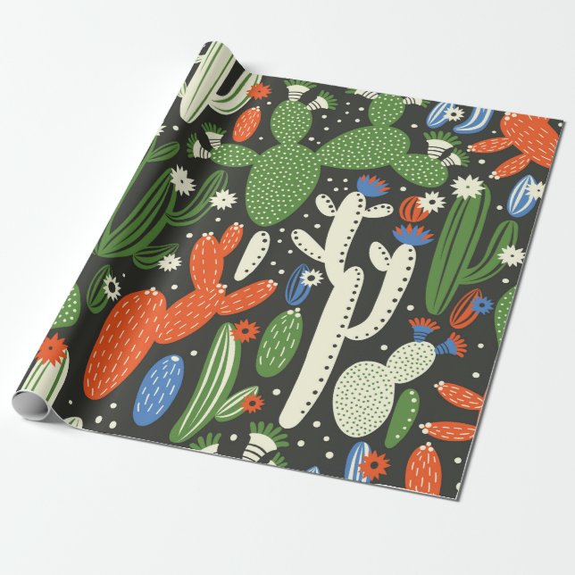 Papel De Regalo patrón ininterrumpido con cactus sobre fondo negro (Desenrollado)