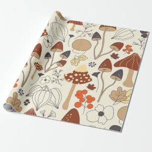Papel De Regalo Patrón ininterrumpido otoñal con hongos, flores,