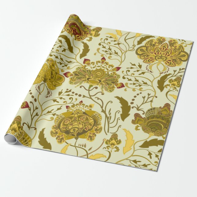 Papel De Regalo Patrón inmaculado, flores indias grandes paisley.  (Desenrollado)
