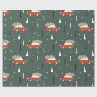 Papel De Regalo Patrón invernal de árbol de Navidad con coche rojo