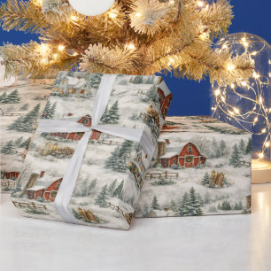 Papel De Regalo Patrón invernal de granja cubierta de nieve rústic