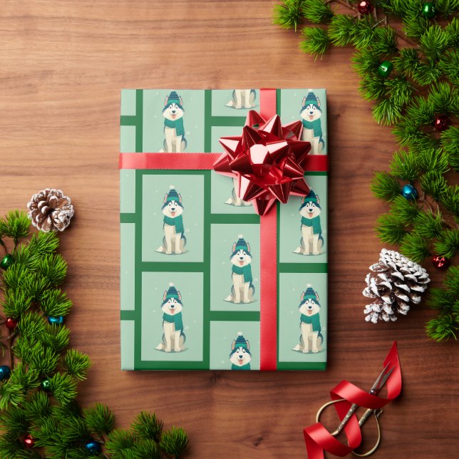 Papel De Regalo Patrón Invernal Husky (Regalo de vacaciones)