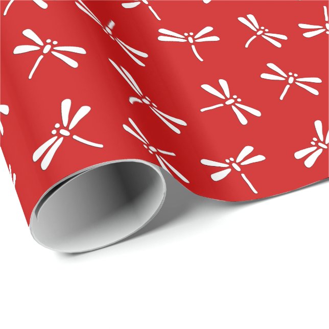 Papel De Regalo Patrón japonés de libélula, rojo profundo y blanco (Esquina del rollo)