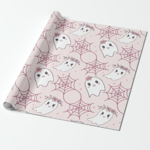 Papel De Regalo Patrón Kawaii de Halloween Fantasma Rosa Pastel