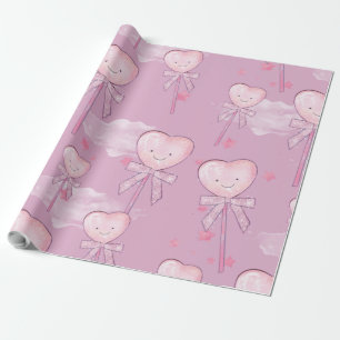 Papel De Regalo Patrón Kawaii Heart Lollipop - Púrpura Pastel