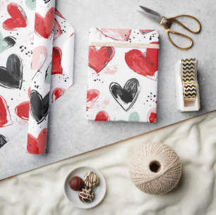 Papel De Regalo patrón lindo con los corazones pintados acuarela