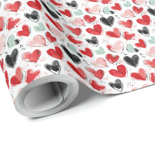 Papel De Regalo patrón lindo con los corazones pintados acuarela
