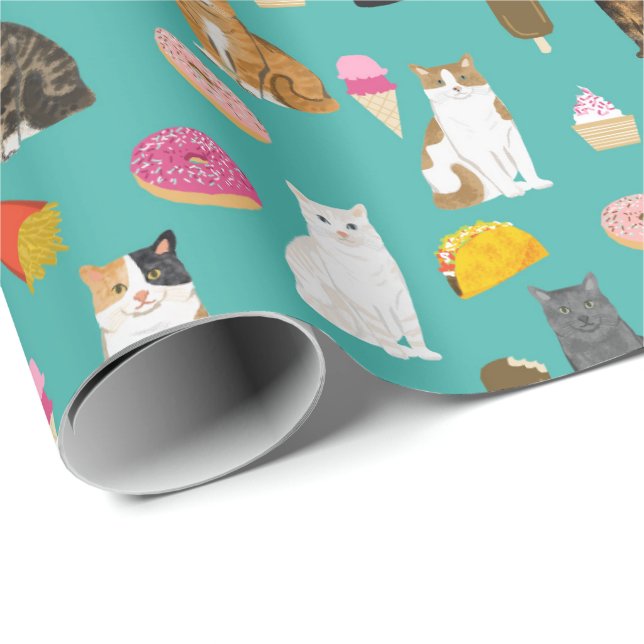 Papel De Regalo Patrón lindo de gatos y comida (Esquina del rollo)