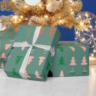 Papel De Regalo Patrón lindo fondo verde árboles de Navidad rosa