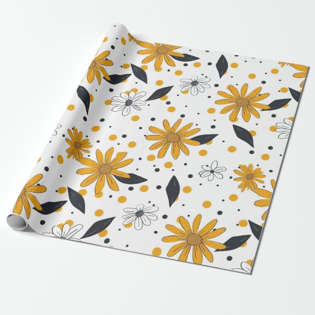 Papel De Regalo Patrón margarita amarillo y blanco con hojas oscur (Desenrollado)