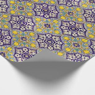 Papel De Regalo Patrón mediterráneo azul Flores amarillas