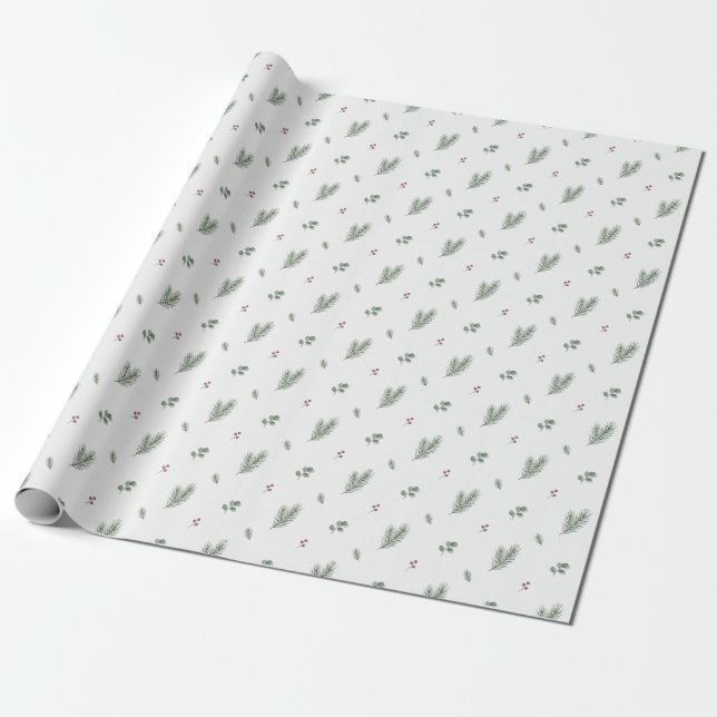Papel De Regalo Patrón Mínimo de Navidad, Pino, Bayas (Desenrollado)
