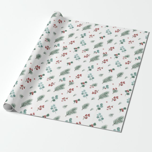 Papel De Regalo Patrón Mínimo de Navidad, Pino y Bayas (Desenrollado)