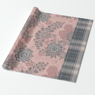 Papel De Regalo Patrón mixto floral y de cuadros vintage