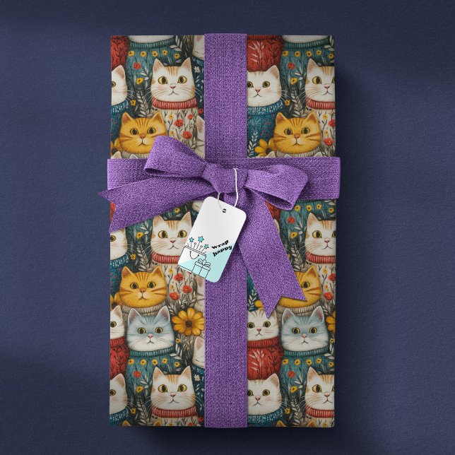 Papel De Regalo Patrón moderno de amigos de gatos florales rusos (Subido por el creador)