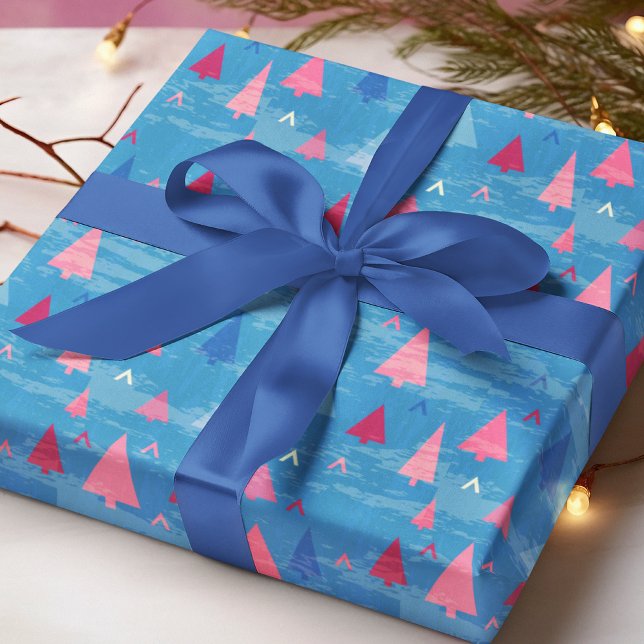 Papel De Regalo Patrón moderno de árbol de Navidad azul rosado (Subido por el creador)