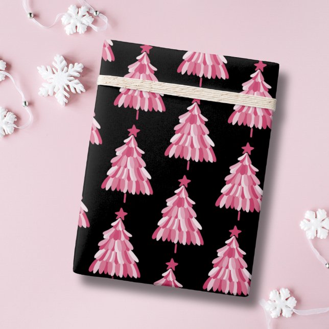 Papel De Regalo Patrón moderno de árbol de Navidad negro rosado (Pink and black Christmas tree wrapping paper.)