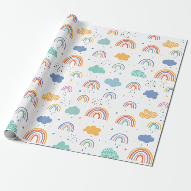 Papel De Regalo Patrón moderno de arcos de lluvia y nubes (Desenrollado)