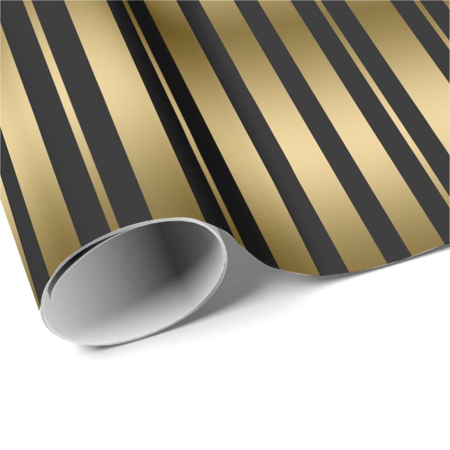 Papel De Regalo Patrón Moderno De Bandas Negra Y Oro (Esquina del rollo)