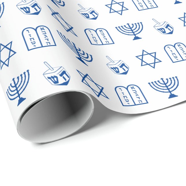 Papel De Regalo Patrón moderno de iconos judíos azul blanco Hanukk (Esquina del rollo)