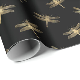 Papel De Regalo Patrón moderno de libélula de oro negro