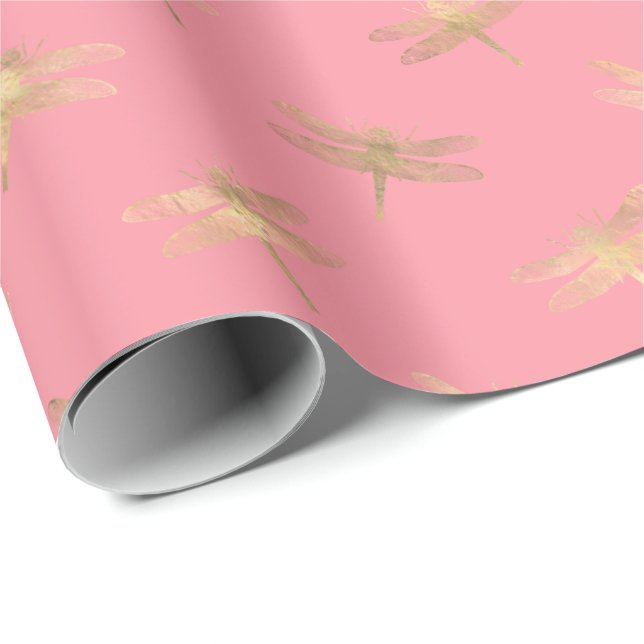 Papel De Regalo Patrón moderno de libélula de oro rosa (Esquina del rollo)