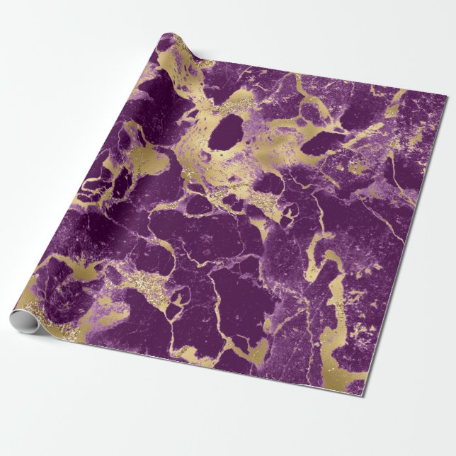 Papel De Regalo Patrón moderno de mármol morado y dorado (Desenrollado)