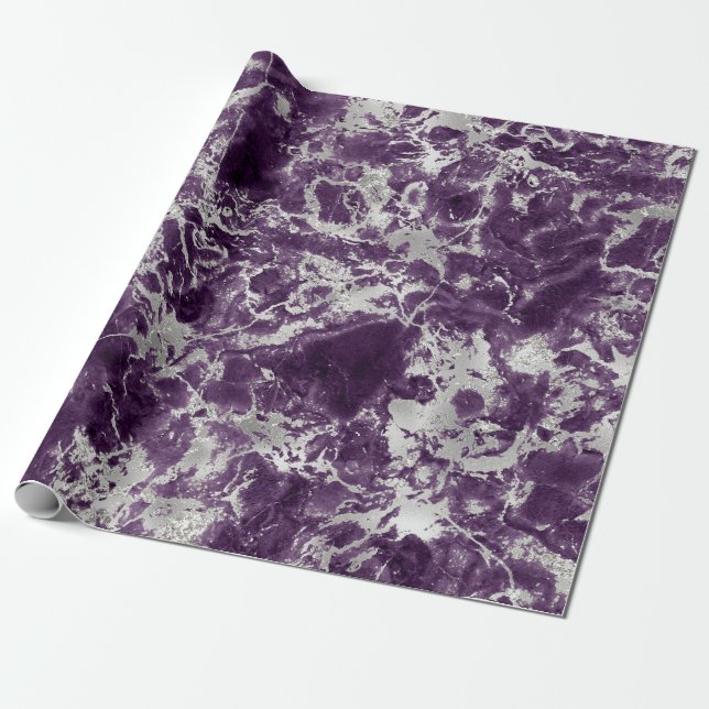 Papel De Regalo Patrón moderno de mármol morado y plateado (Desenrollado)