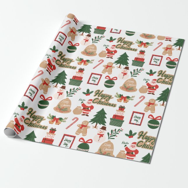 Papel De Regalo Patrón moderno de pan Santa y Gingerbread para Nav (Desenrollado)